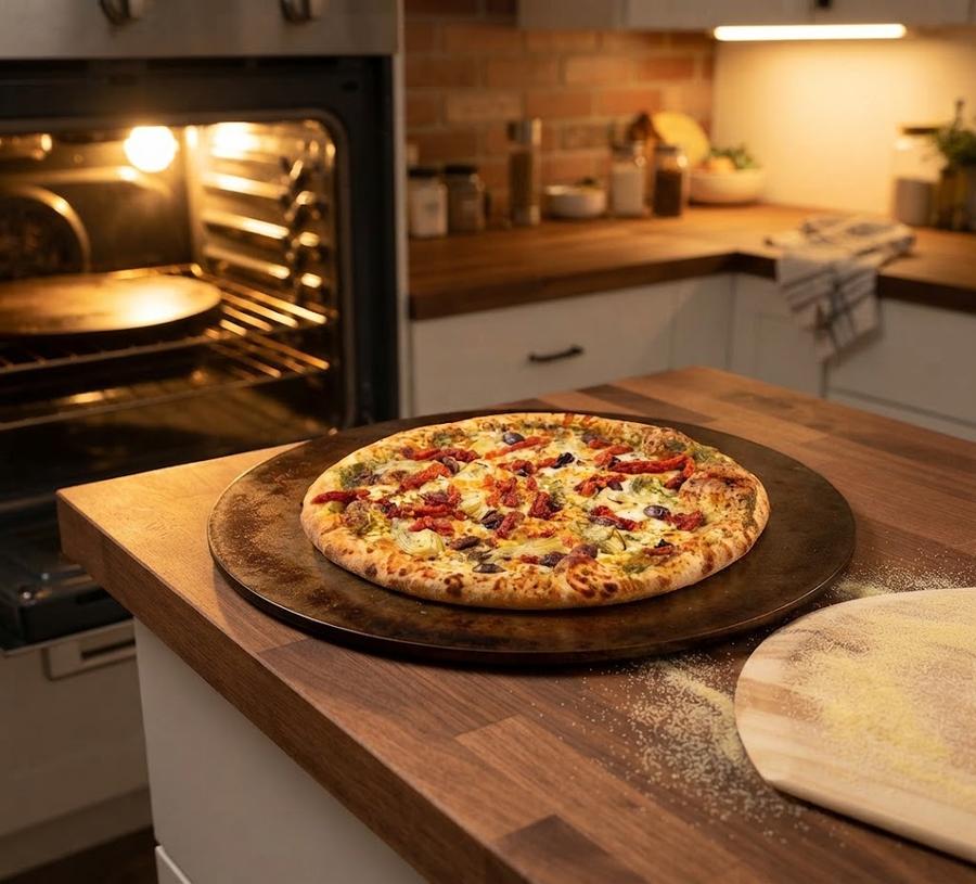 Pro plate with a stretched dough launched off a wooden peel