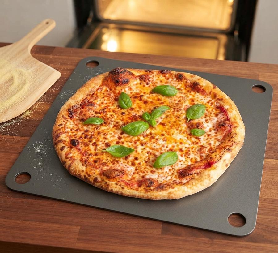 Ultimate plate holding a blistered pizza crust
